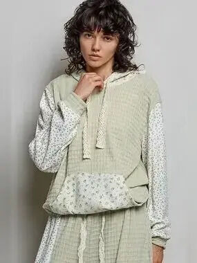 POL Mixed Knit Contrast Print Sleeve Hoodie with Kangaroo Pocket